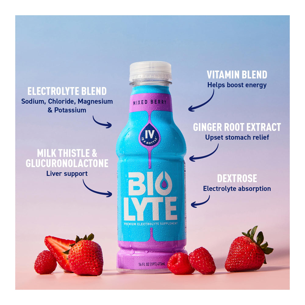 BIOLYTE drink poured into glass, ideal after workouts or travel