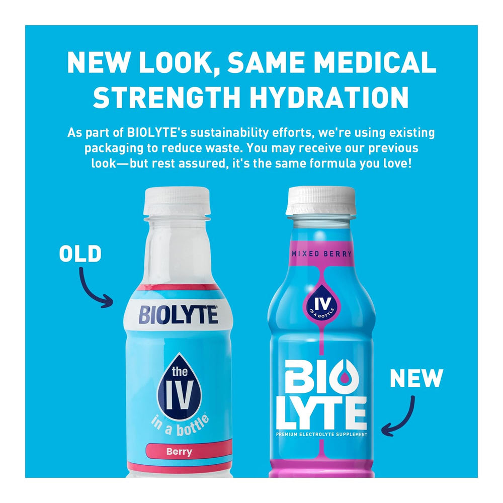 BIOLYTE electrolyte drink bottle side view showing compact packaging for travel