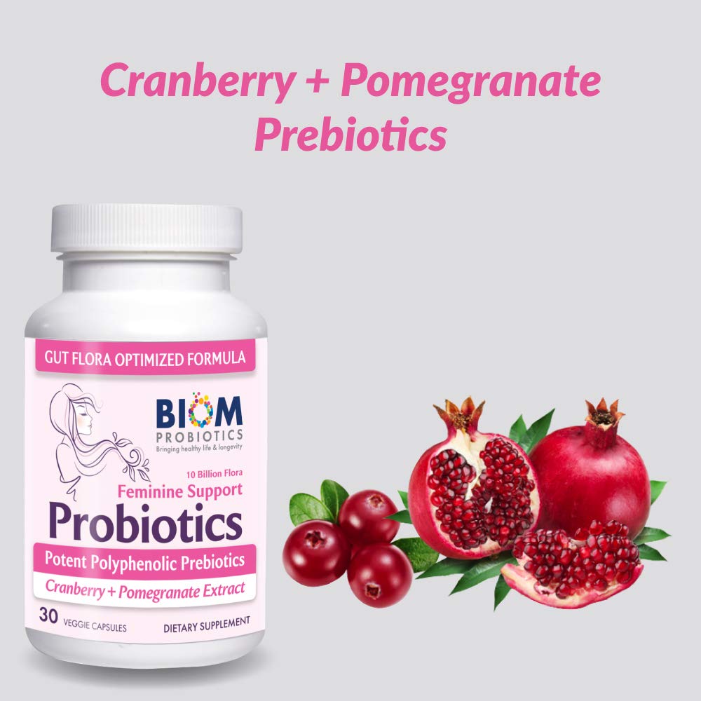Biom Cranberry-Pomegranate Extract image highlights antioxidant prebiotics for urinary wellness.