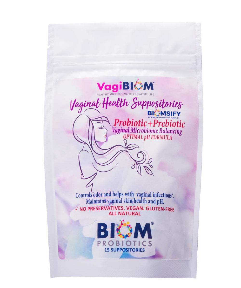 Biom Vaginal Probiotic Suppository packaging showing a 15-count box for convenient balance.