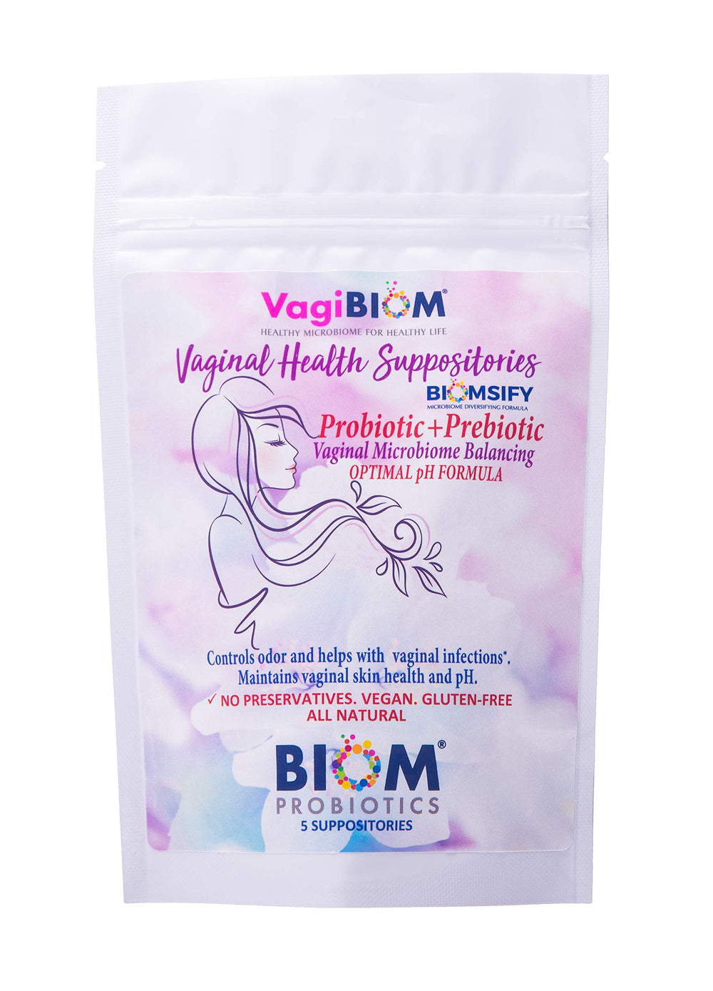 Biom Probiotics vaginal probiotic suppository packaging designed for discreet on-the-go use.