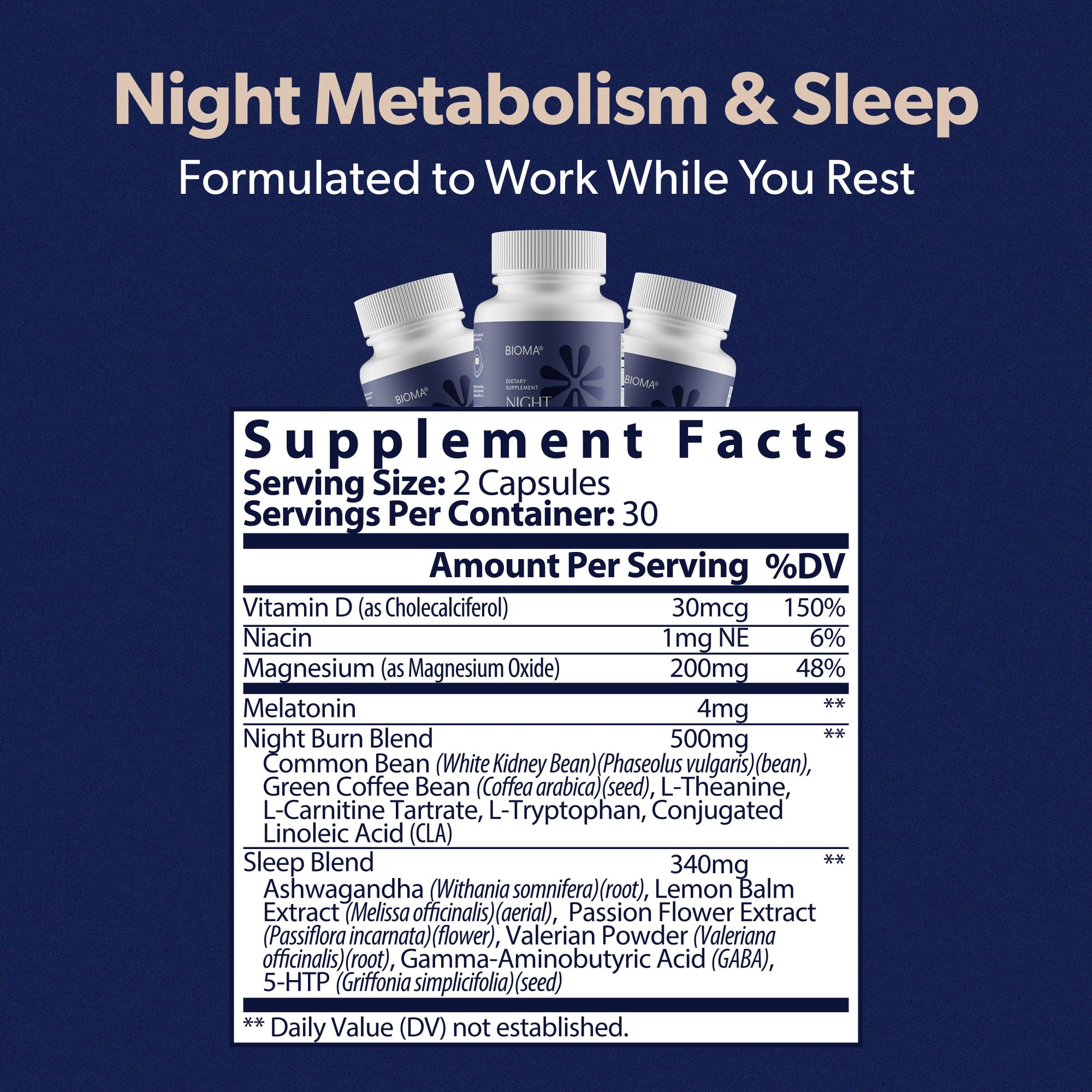 BIOMA Night Metabolism & Sleep bottle shown on a bedside table for night use.