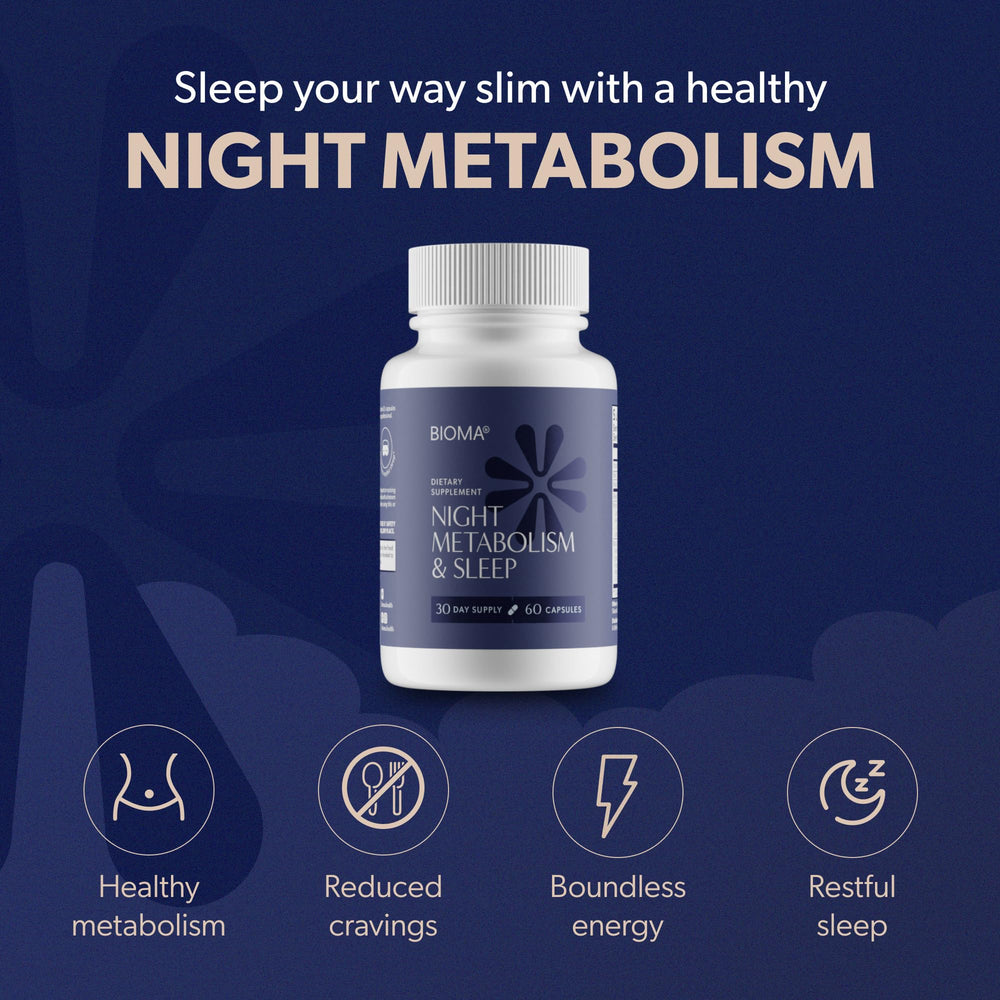 Close-up of BIOMA Night Metabolism & Sleep capsules showing a gentle texture.