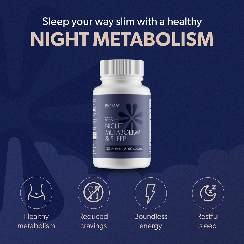 BIOMA Night Metabolism & Sleep capsules displayed for evening routine.