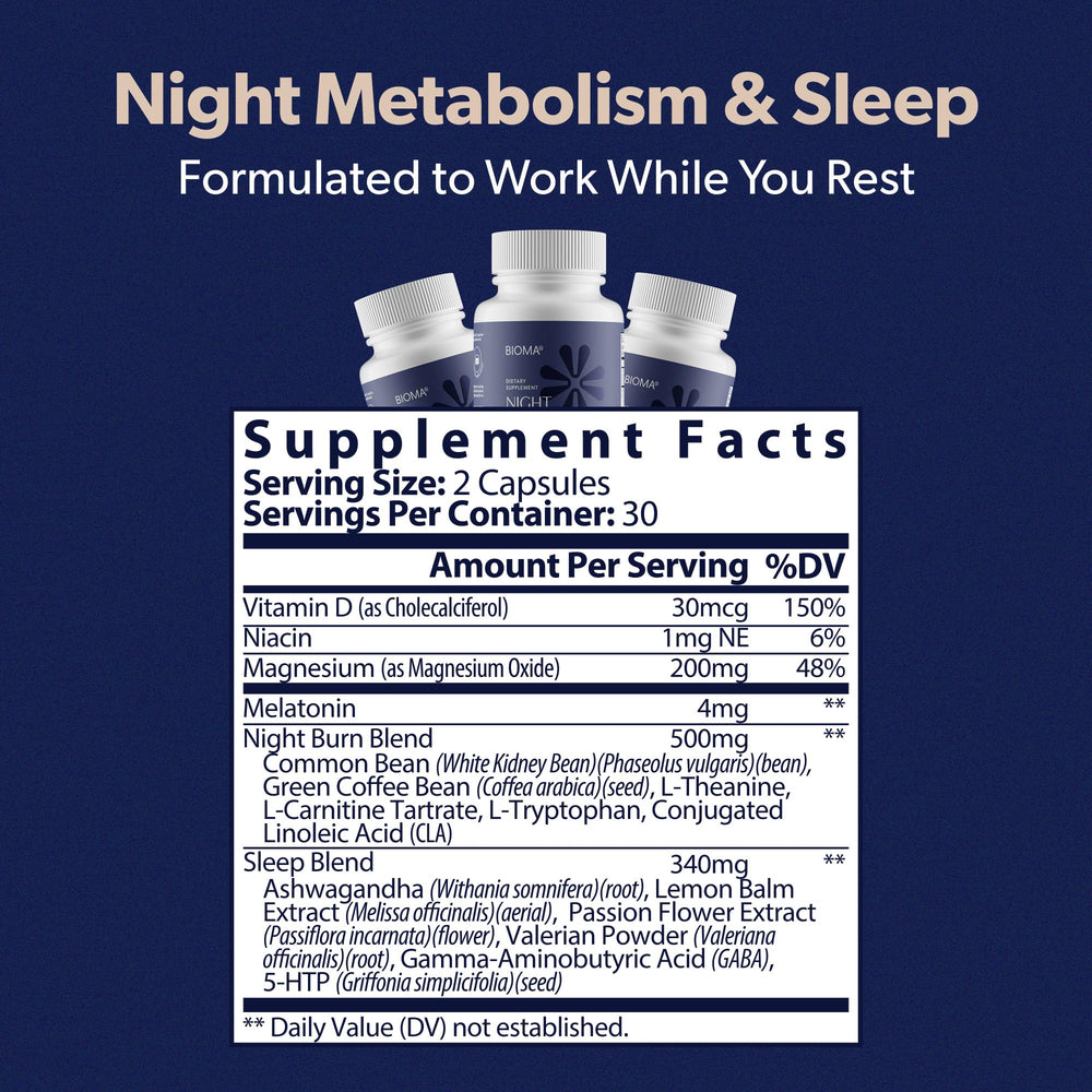 BIOMA Night Metabolism & Sleep dosing guide showing two-capsule nightly serving.