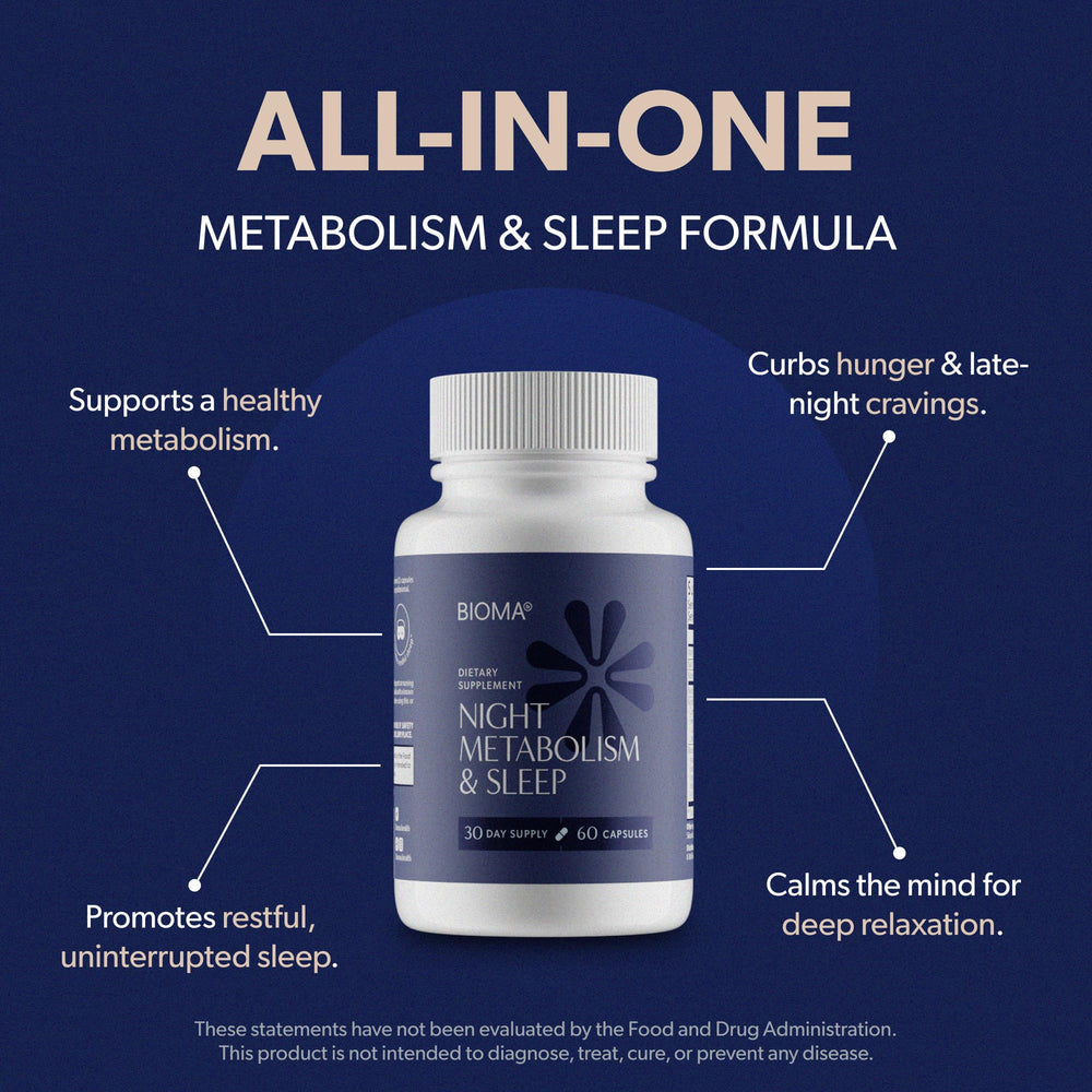 BIOMA packaging highlighting the Night Metabolism & Sleep formula and key benefits.