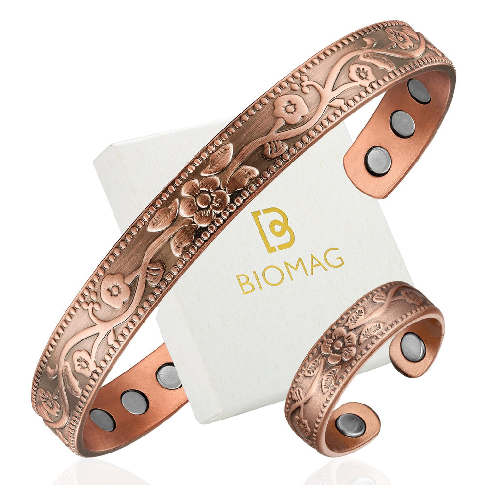 Pulsera magnética BioMag de cobre para mujer con ajuste cómodo y diseño floral