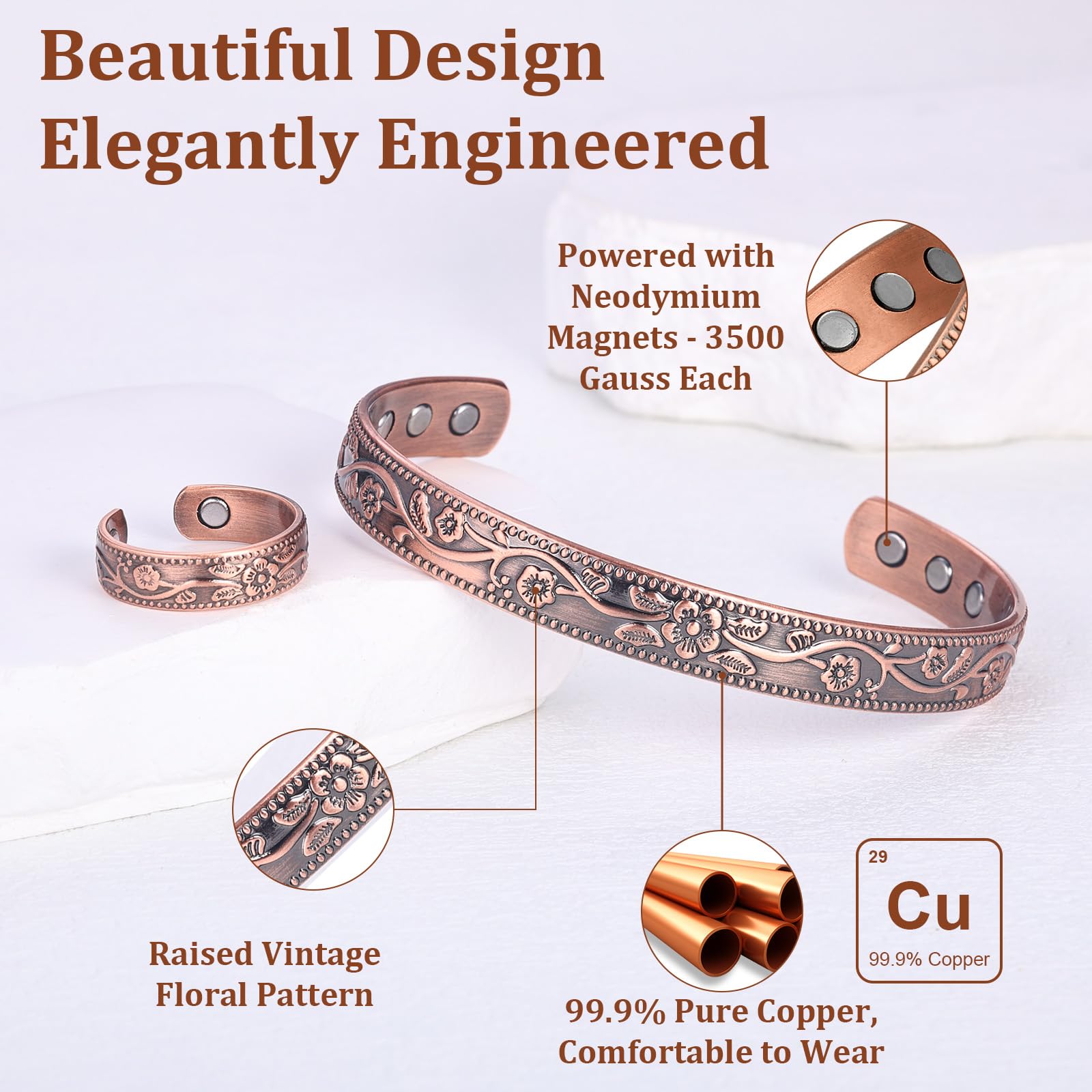 Pulsera BioMag con diseño floral de cobre puro para uso diario