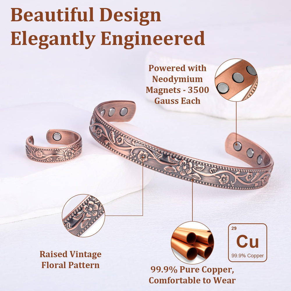 Pulsera BioMag con diseño floral de cobre puro para uso diario