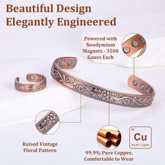 Pulsera BioMag con diseño floral de cobre puro para uso diario