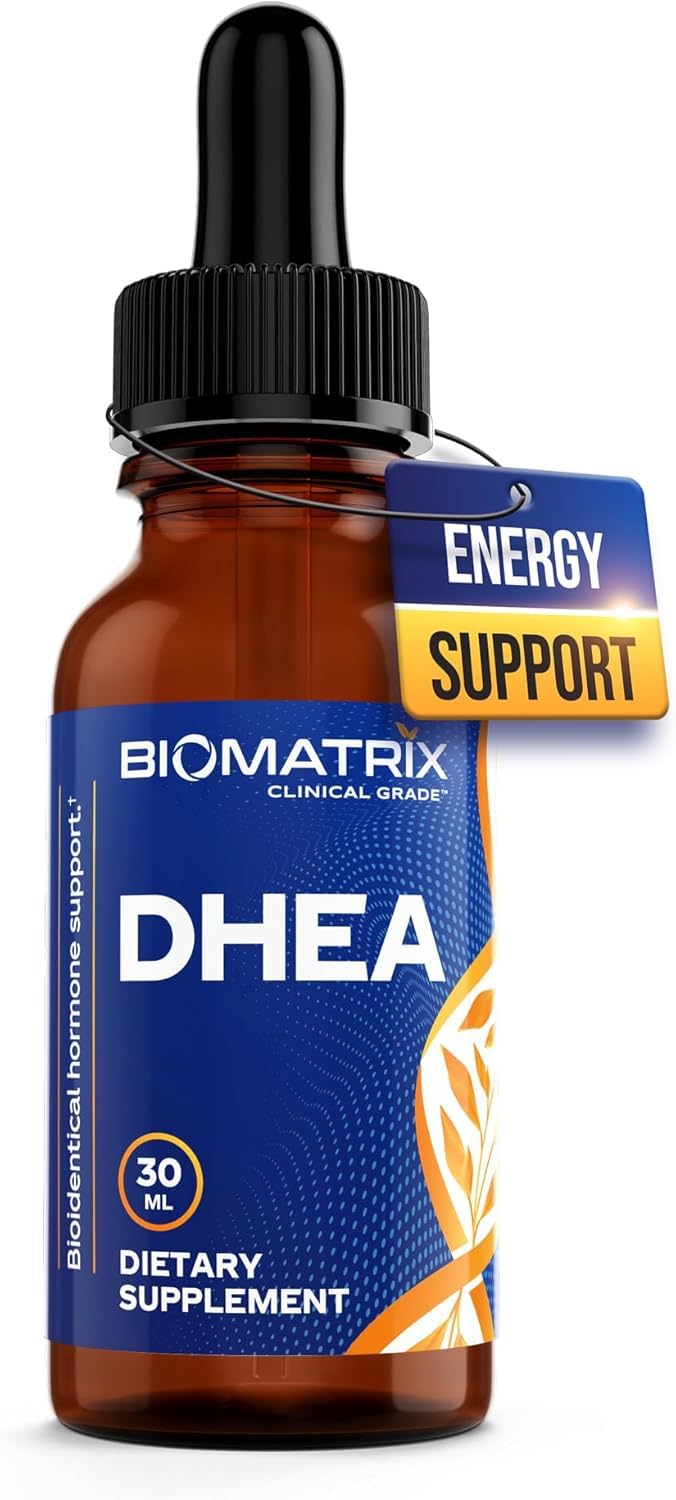 BioMatrix DHEA Liquid bottle closeup shows premium, bio-identical formula for daily balance.