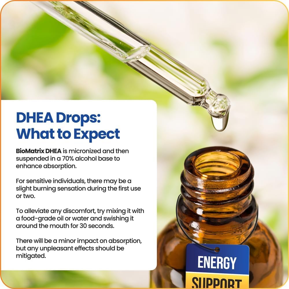 BioMatrix DHEA Liquid dose drop highlights precise 1.2 mg per drop dosing.