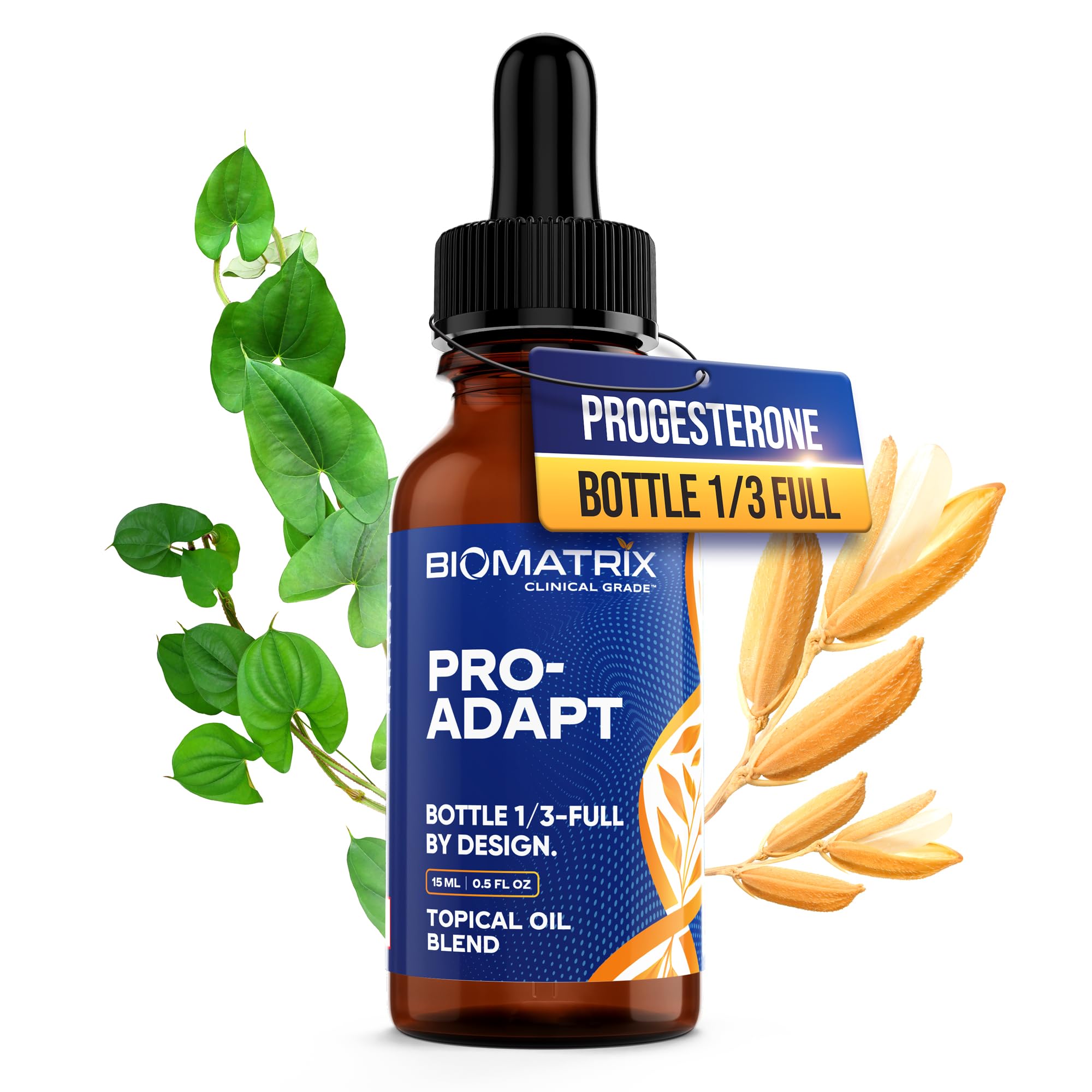 BioMatrix Progesterone micronized oil bottle with dropper for precise dosing.