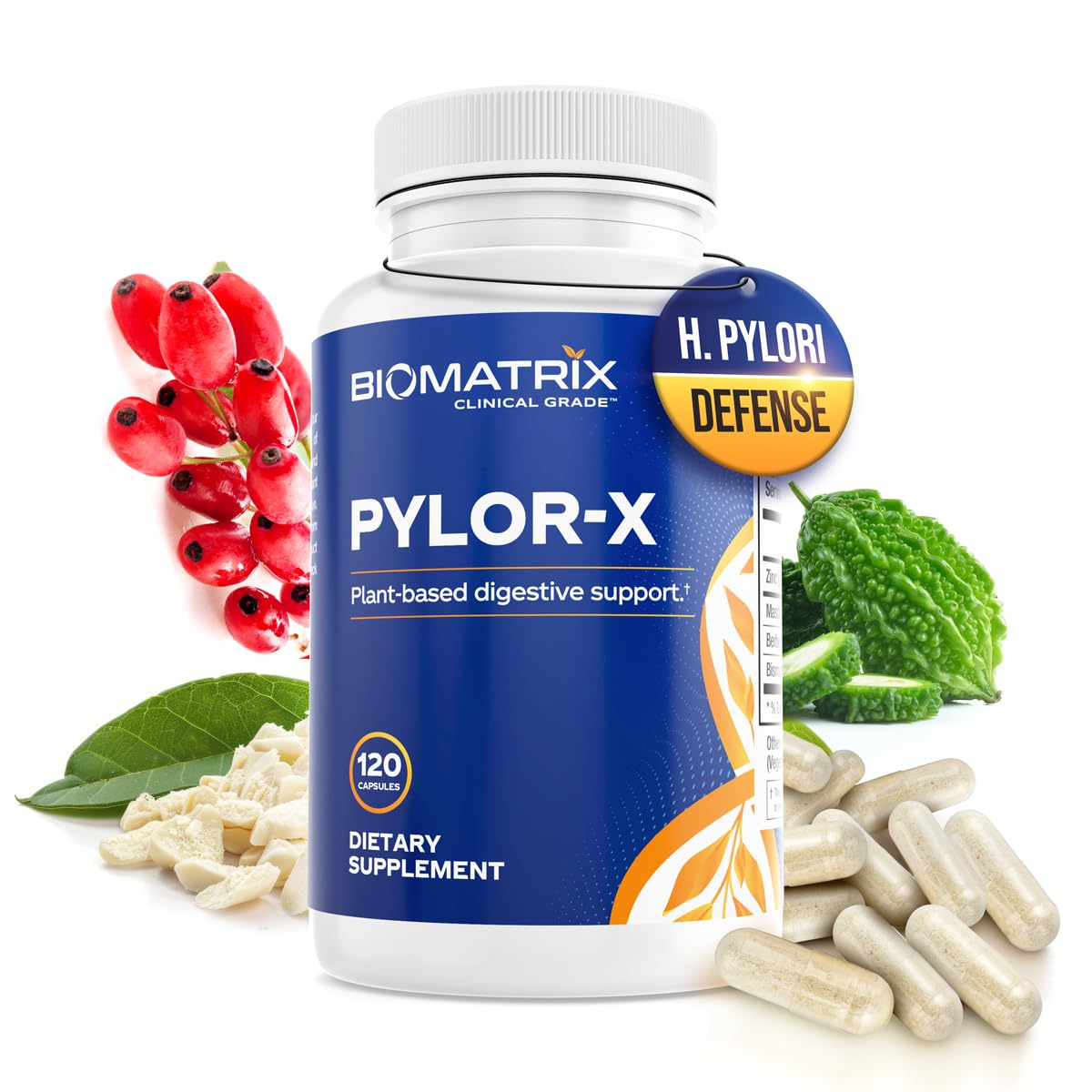 BioMatrix Pylor-X bottle front, 120 capsules for digestive comfort