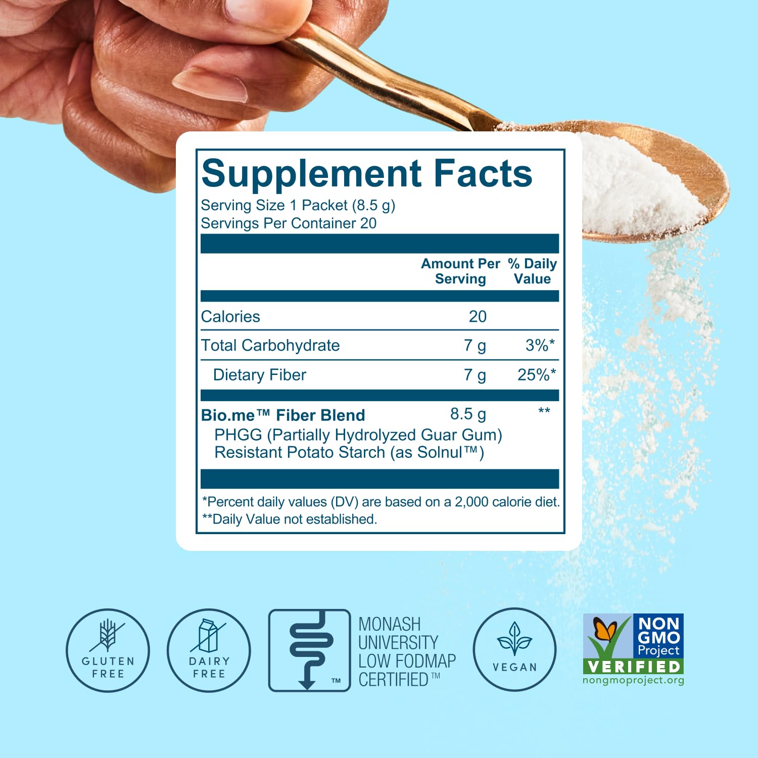 Bio.me label highlights glyphosate-residue-free and non-GMO ingredients.