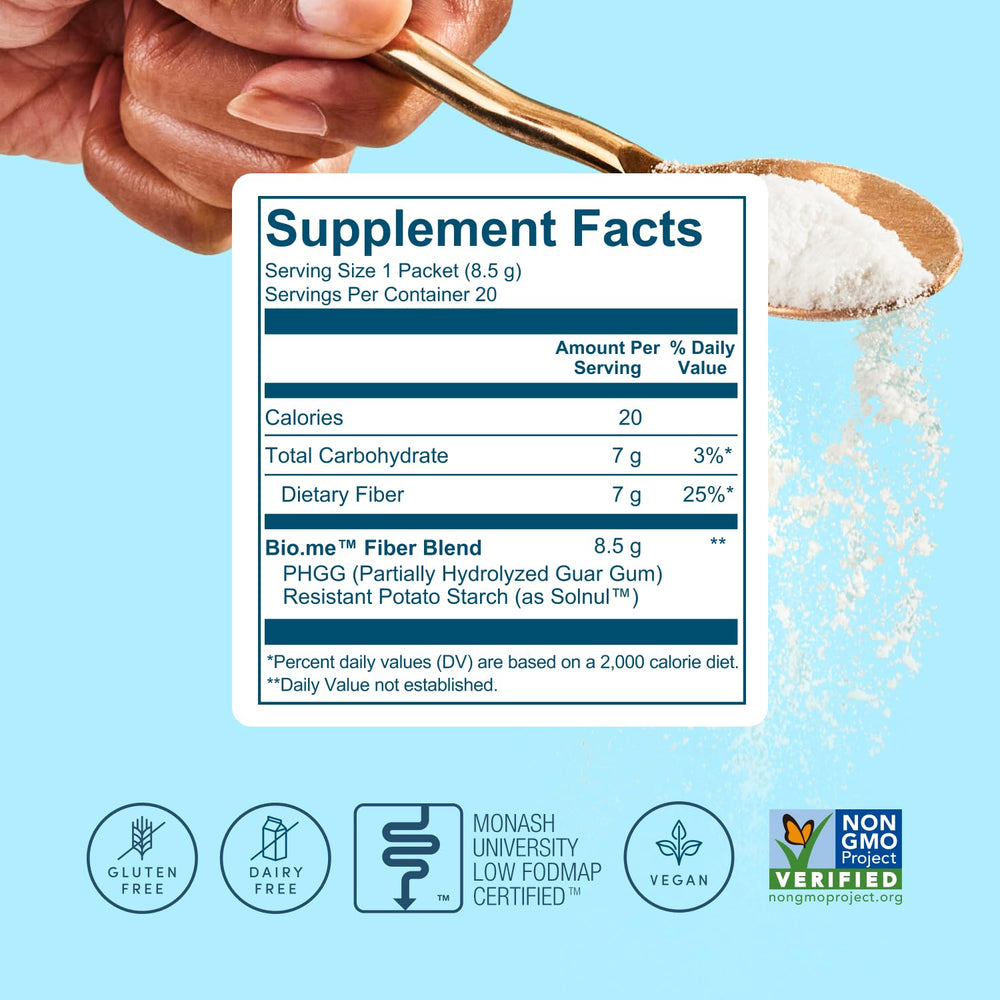 Bio.me label highlights glyphosate-residue-free and non-GMO ingredients.