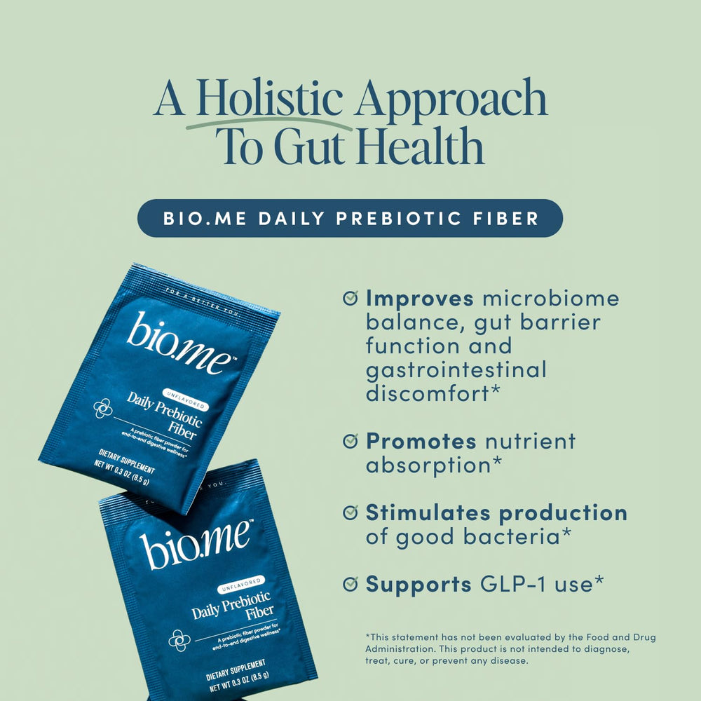 Bio.me Unflavored powder ready to mix into drinks for easy gut health.