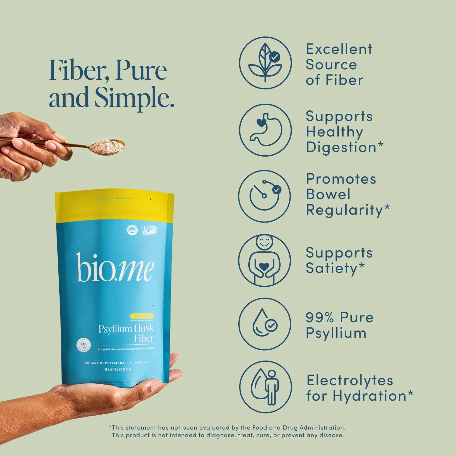 Bio.me psyllium powder with scoop, showing easy portioning for daily use.