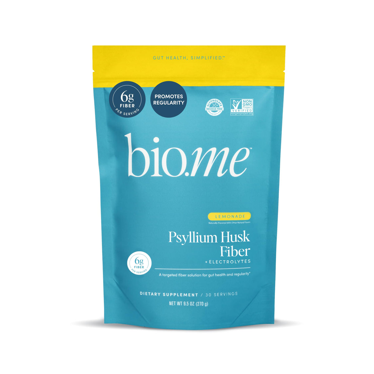 Bio.me psyllium husk fiber powder tub front view for digestive support.