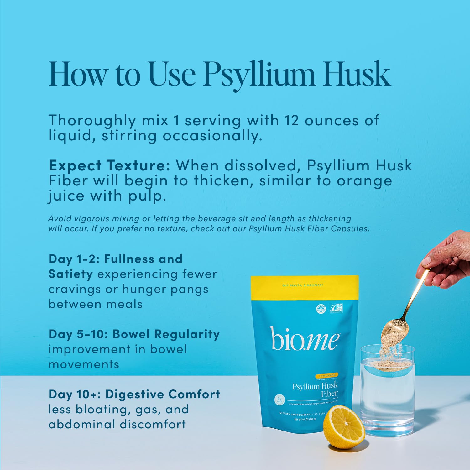 Bio.me psyllium powder ingredient close-up highlighting prebiotic fiber.