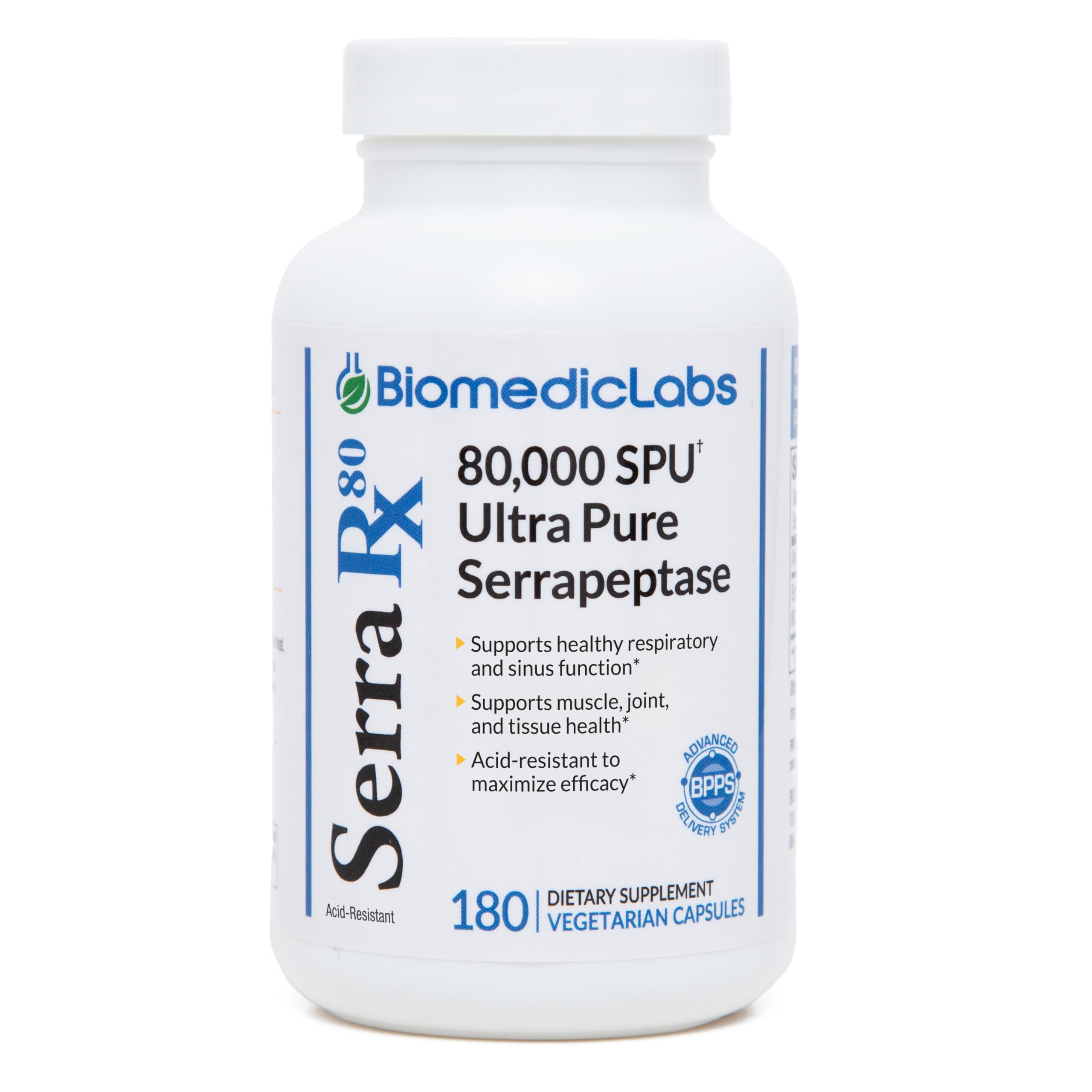 Biomedic Labs RX Serra-RX 80000 SU capsules with acid-resistant delivery for enhanced absorption.