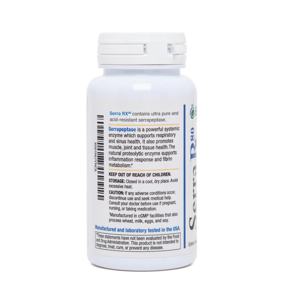 Biomedic Labs Serra-RX 80k SPU capsules vertical, may support tissue health.