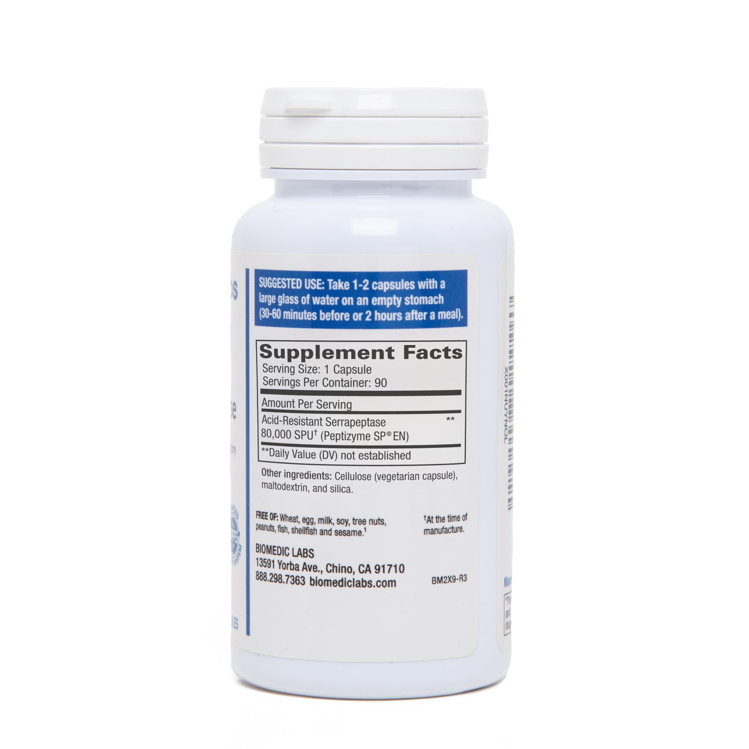Biomedic Labs Serra-RX 80k SPU label closeup, acid-resistant packaging for stability.