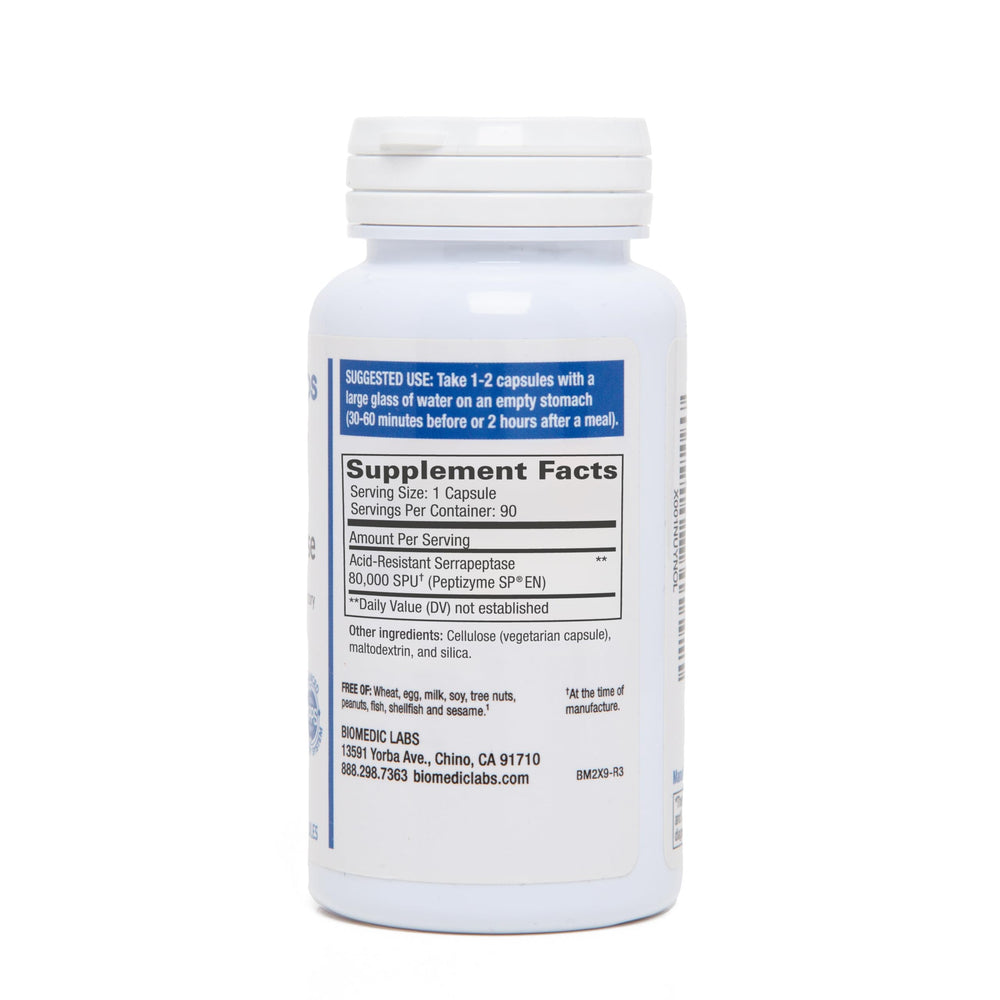 Biomedic Labs Serra-RX 80k SPU label closeup, acid-resistant packaging for stability.