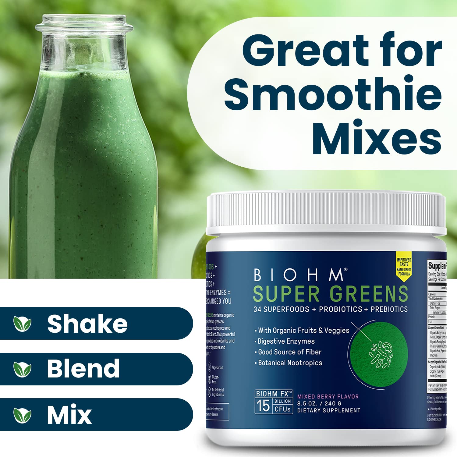 BIOHM Super Greens surrounded by fresh berries to emphasize mixed berry flavor.