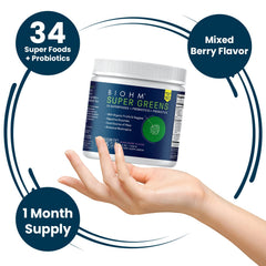 BIOHM Super Greens ingredients label highlights 34 superfoods and enzymes.