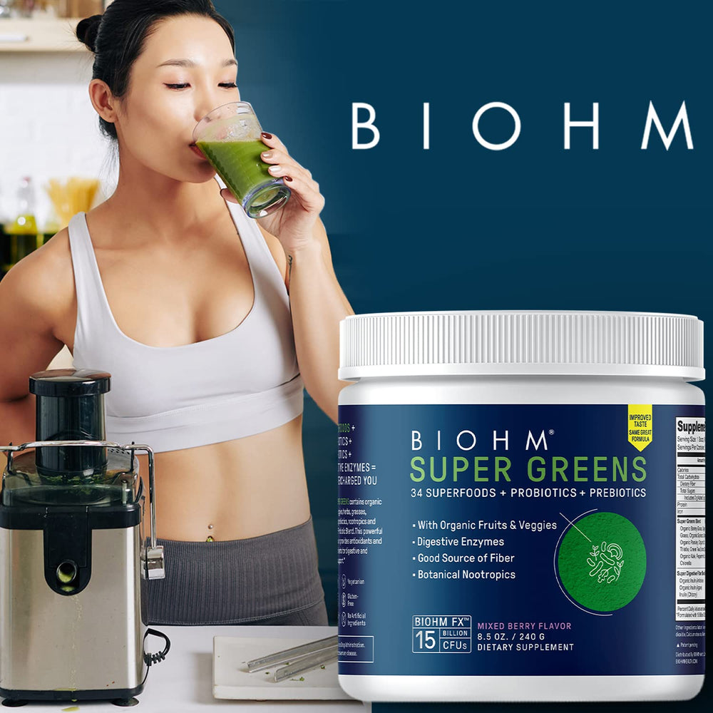 BIOHM Super Greens scoop beside the jar signaling easy, on-the-go dosing.
