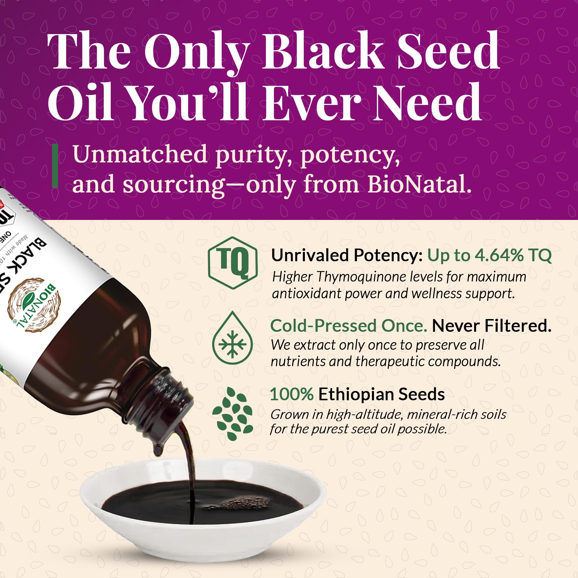 BioNatal oil label front highlighting sustainable sourcing and fresh crop guarantee.