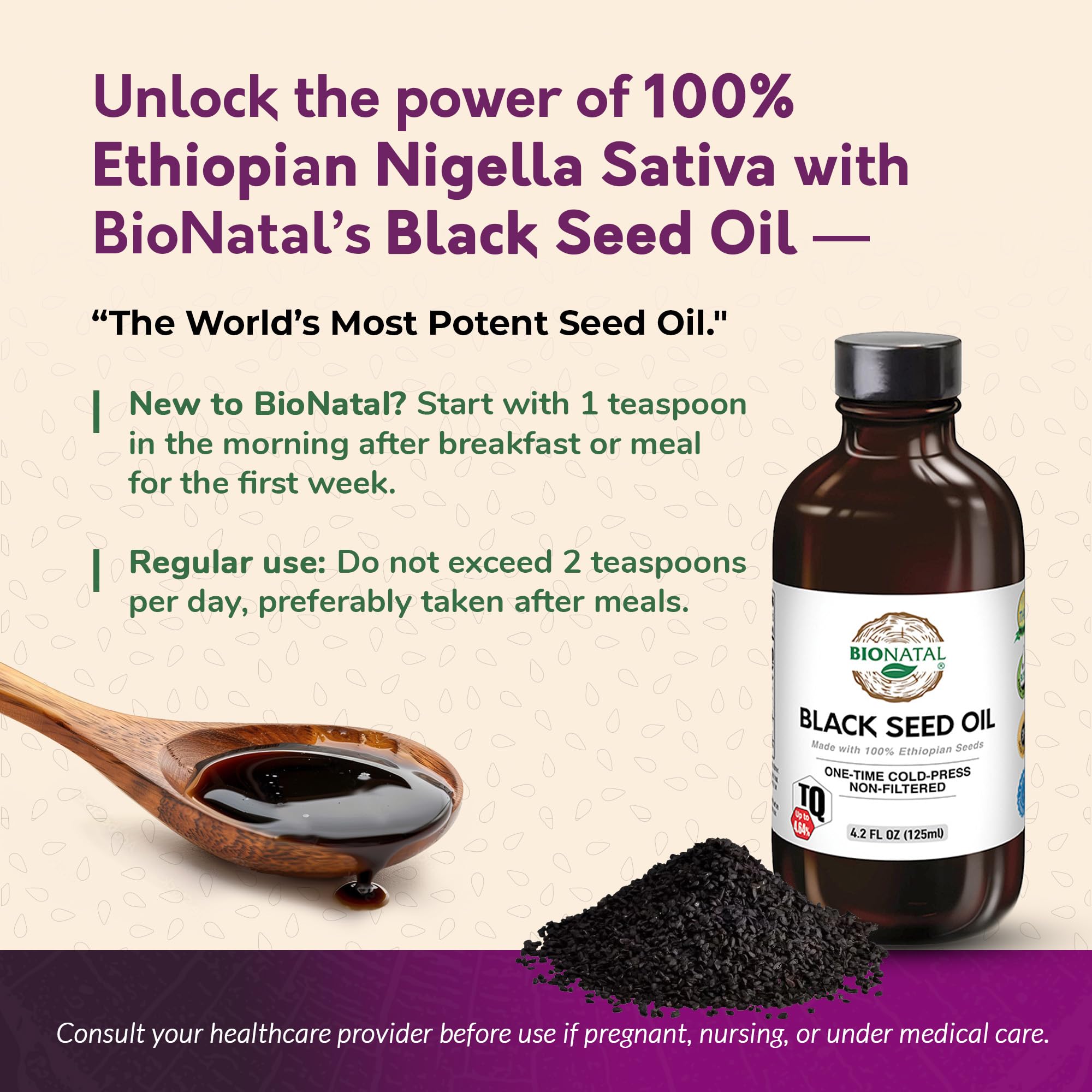 BioNatal black seed oil pour demonstrating easy daily usage.