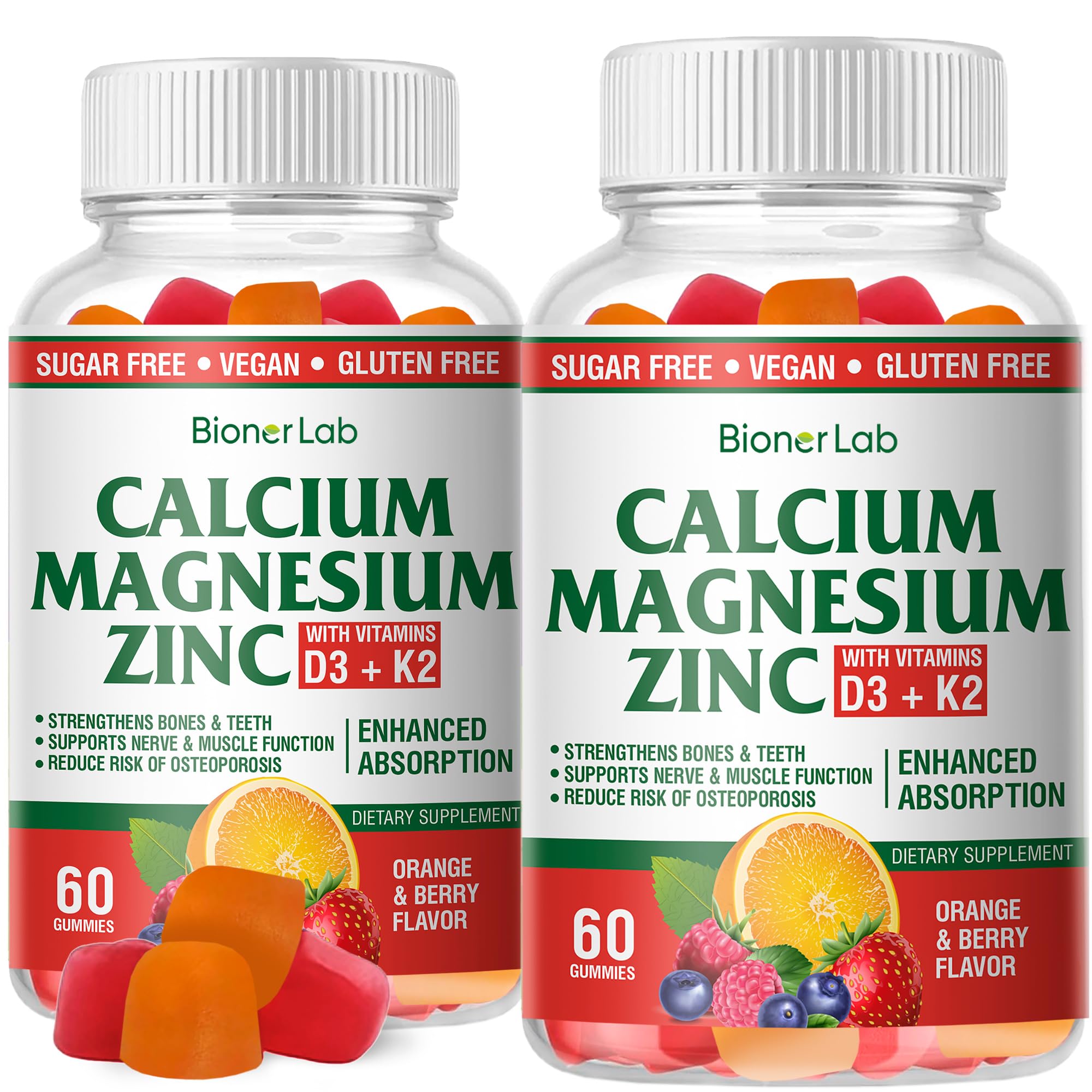 BionerLab calcium magnesium zinc gummies bottle closeup for easy daily mineral support