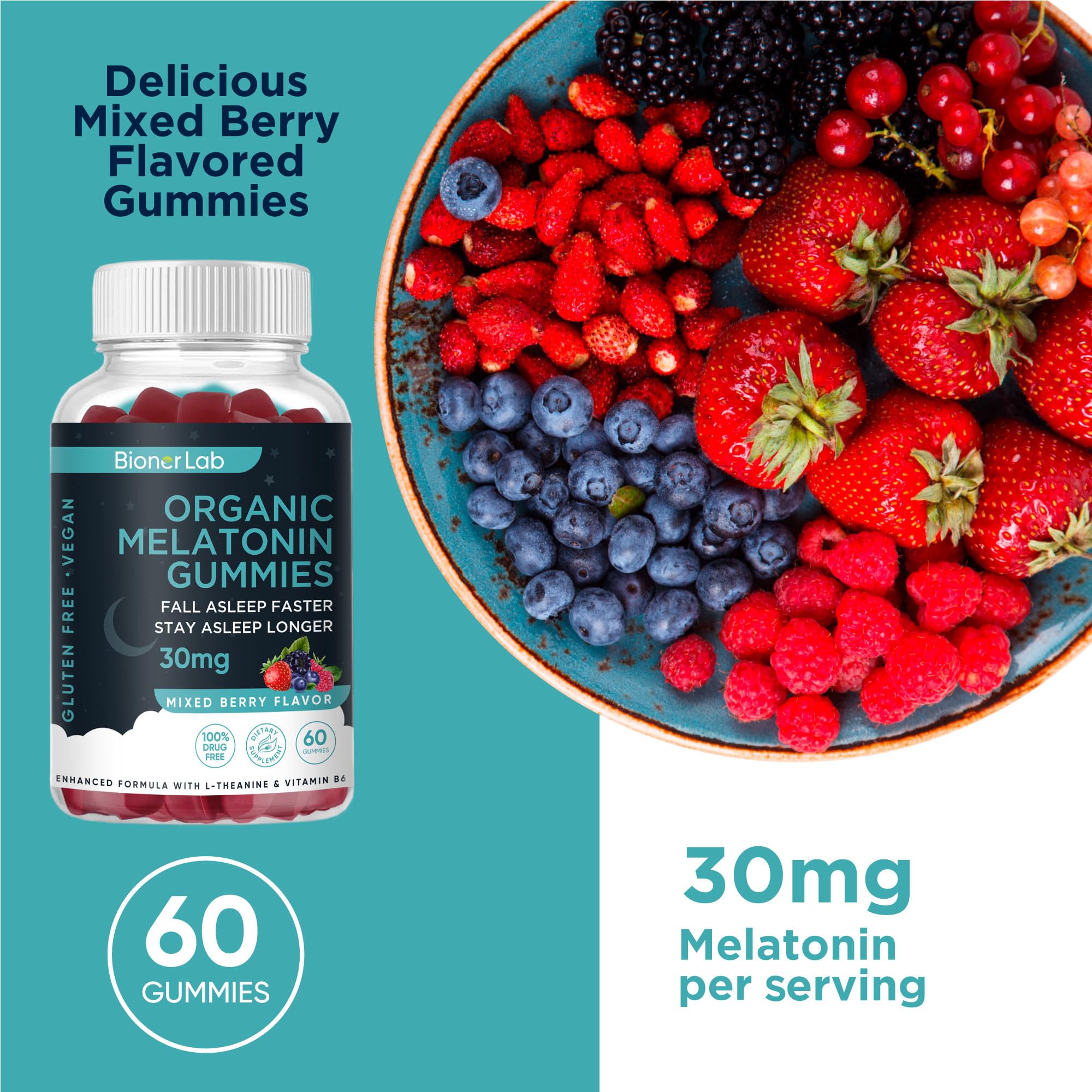 BionerLab Melatonin Gummies with L-Theanine and Vitamin B6 highlighting relaxing support.