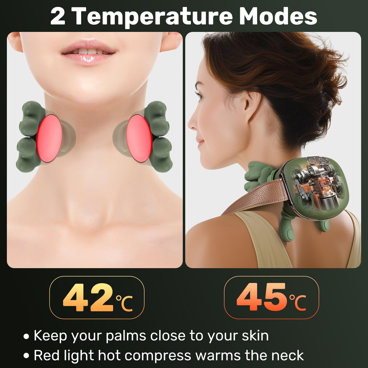 Dual-zone heat delivers steady warmth along the neck and shoulders.