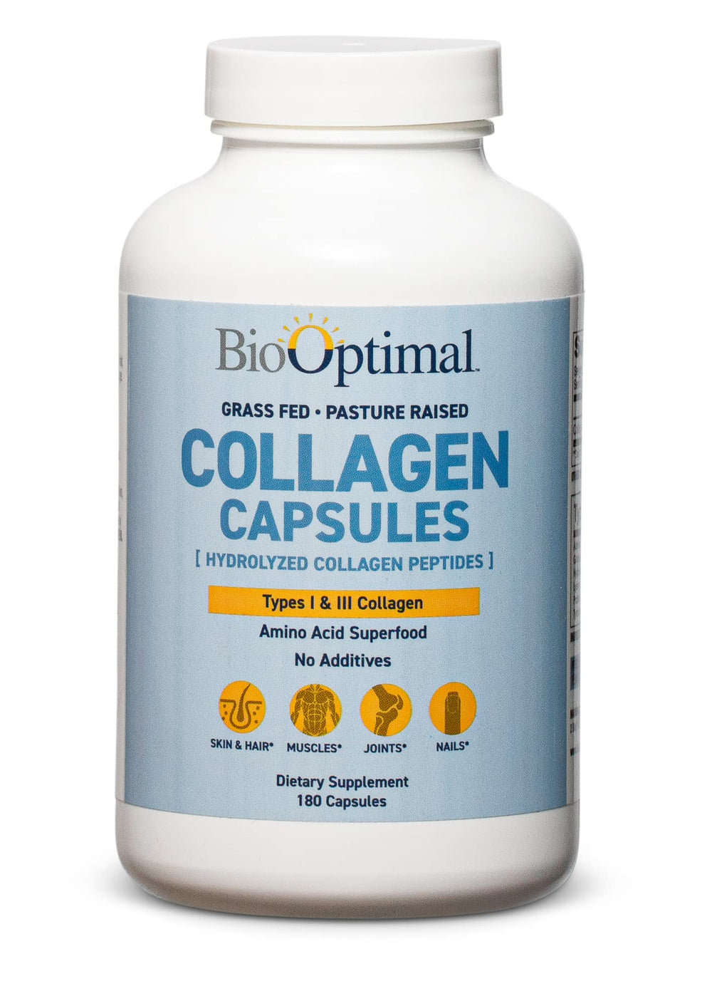 BioOptimal collagen capsules bottle on shelf may support healthy skin.