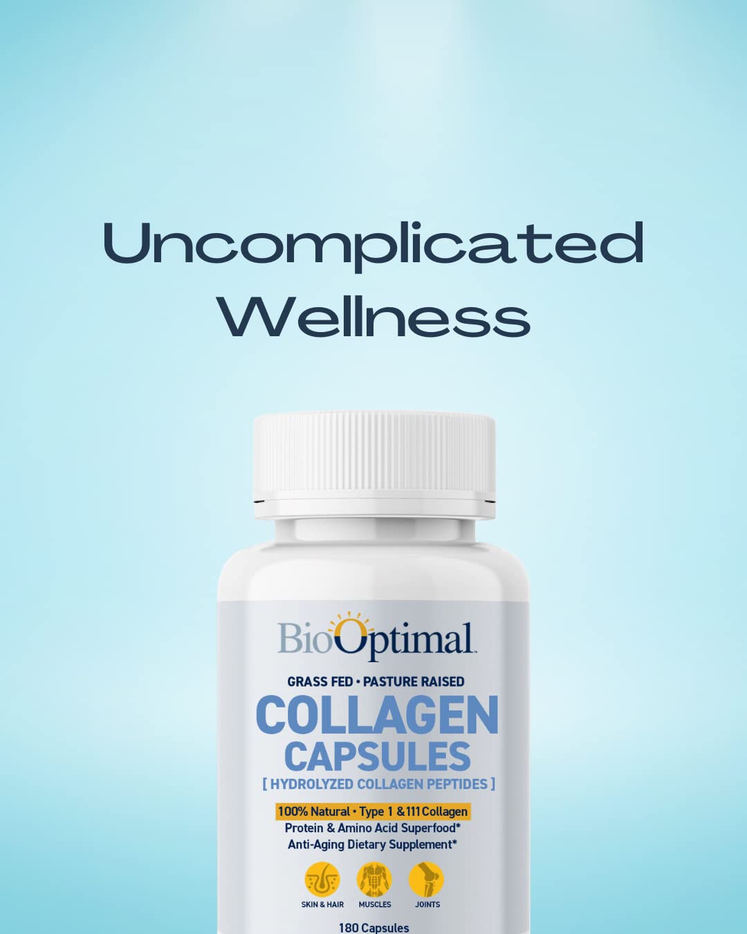 Closeup of BioOptimal capsules highlighting unflavored format for easy mixing.