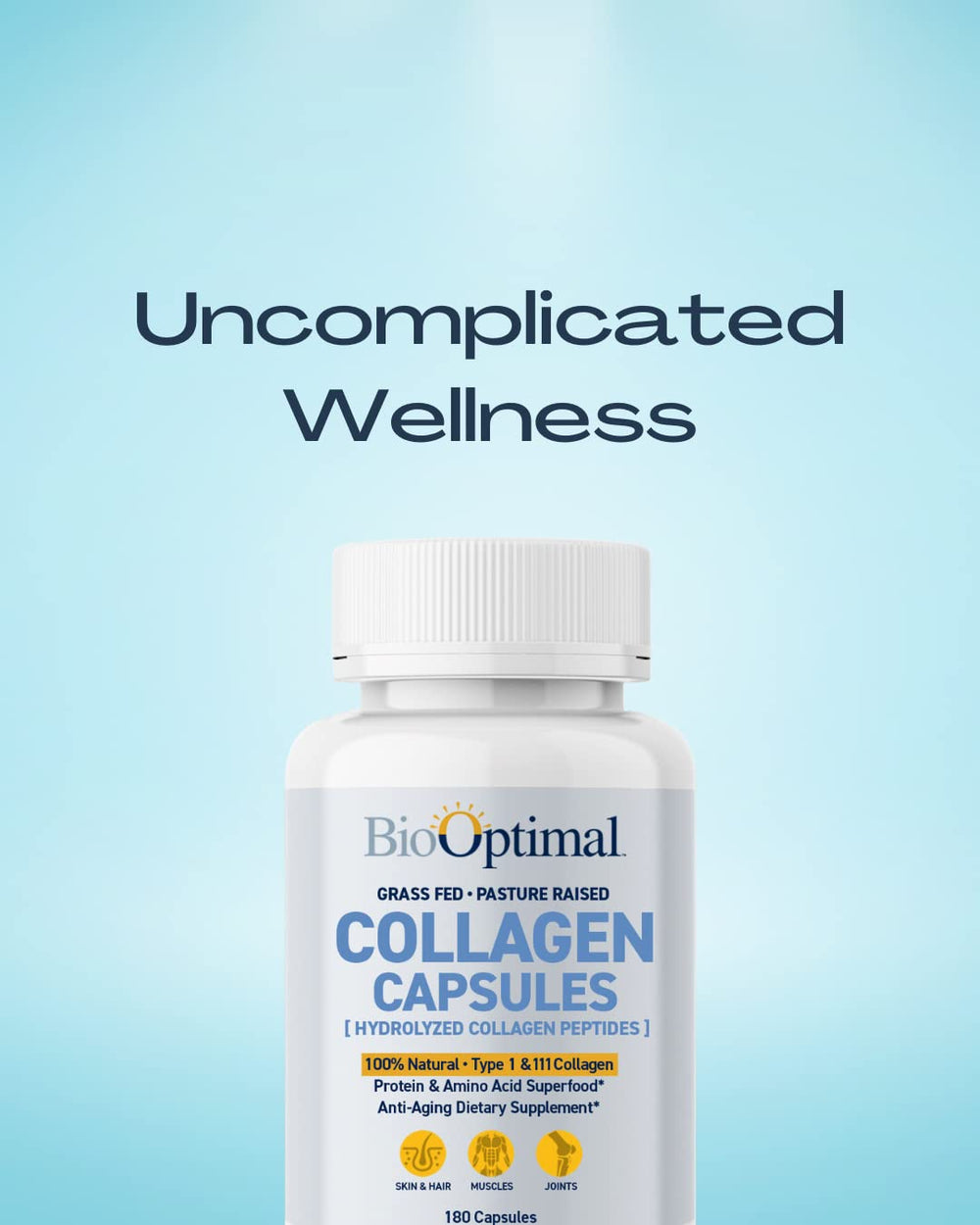 Closeup of BioOptimal capsules highlighting unflavored format for easy mixing.