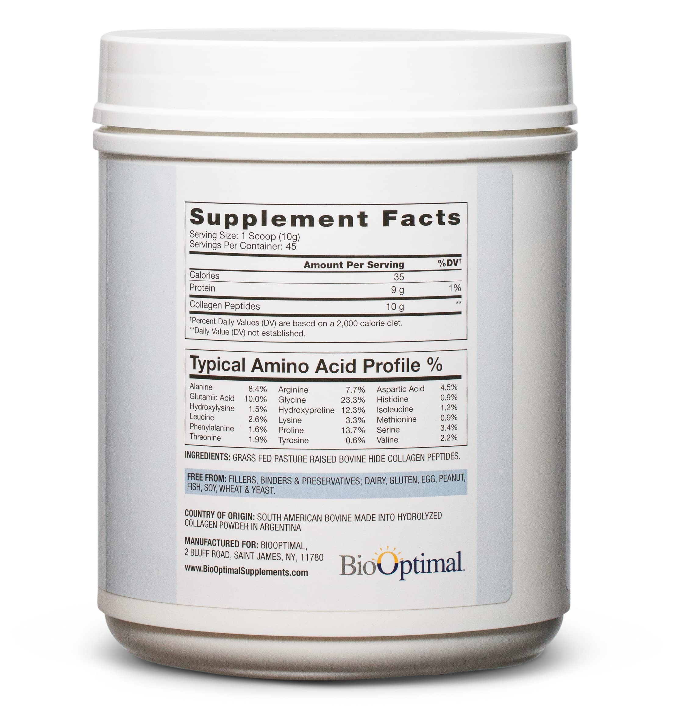 BioOptimal Collagen Peptides packaging shows grass-fed, non-GMO labels.