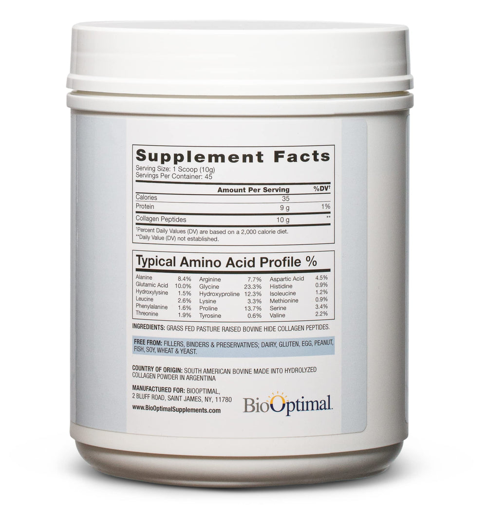BioOptimal Collagen Peptides packaging shows grass-fed, non-GMO labels.