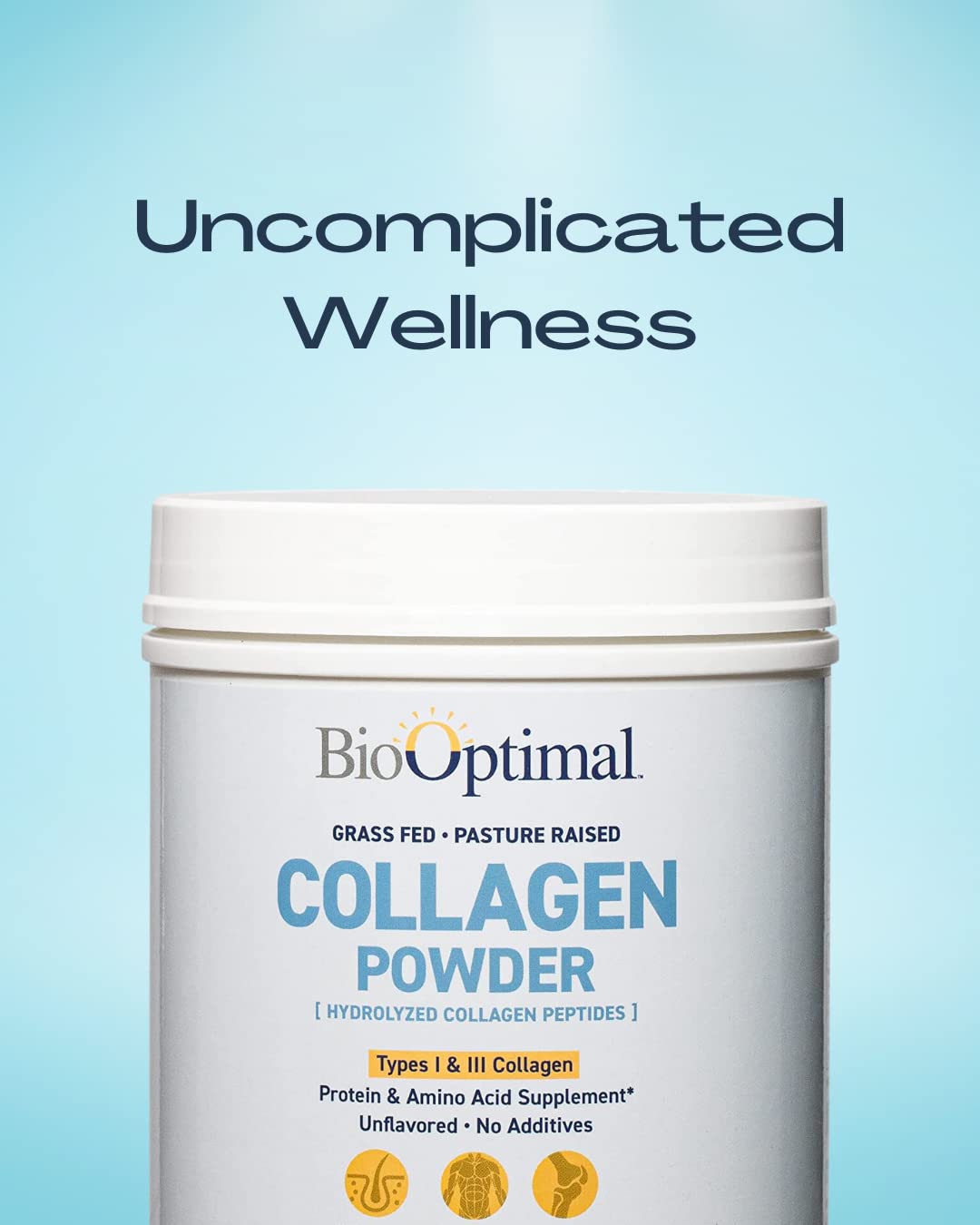 BioOptimal Collagen Peptides being poured into water for quick dissolution.
