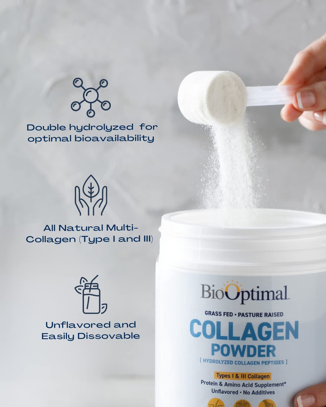 BioOptimal Collagen Peptides powder image with grass-fed logo and health-forward vibe.
