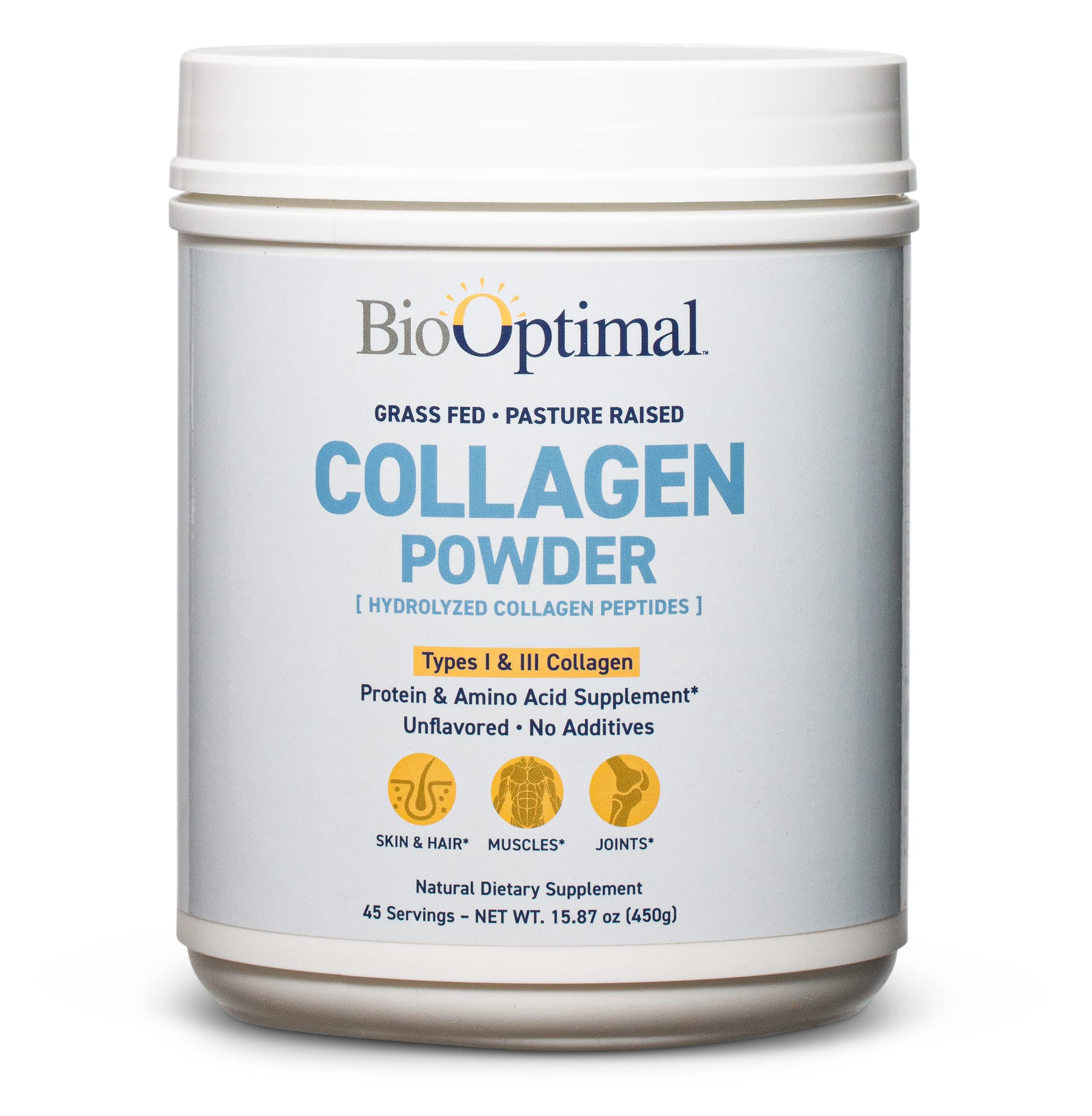 BioOptimal Collagen Peptides Powder jar — versatile unflavored mix-in for daily drinks.