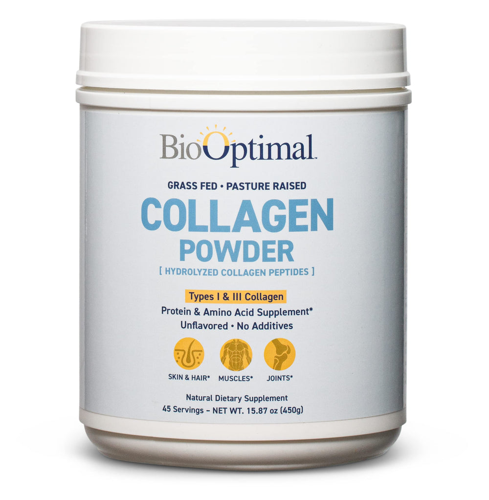 BioOptimal Collagen Peptides Powder jar — versatile unflavored mix-in for daily drinks.