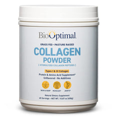 BioOptimal Collagen Peptides Powder jar — versatile unflavored mix-in for daily drinks.