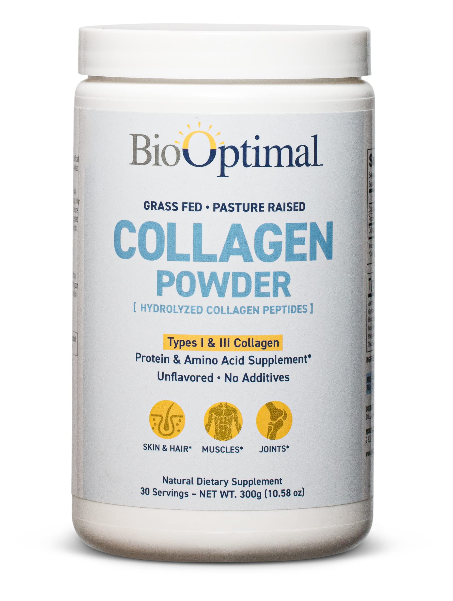 BioOptimal Collagen Peptides powder package front showcasing grass-fed source for skin, hair, and joints.