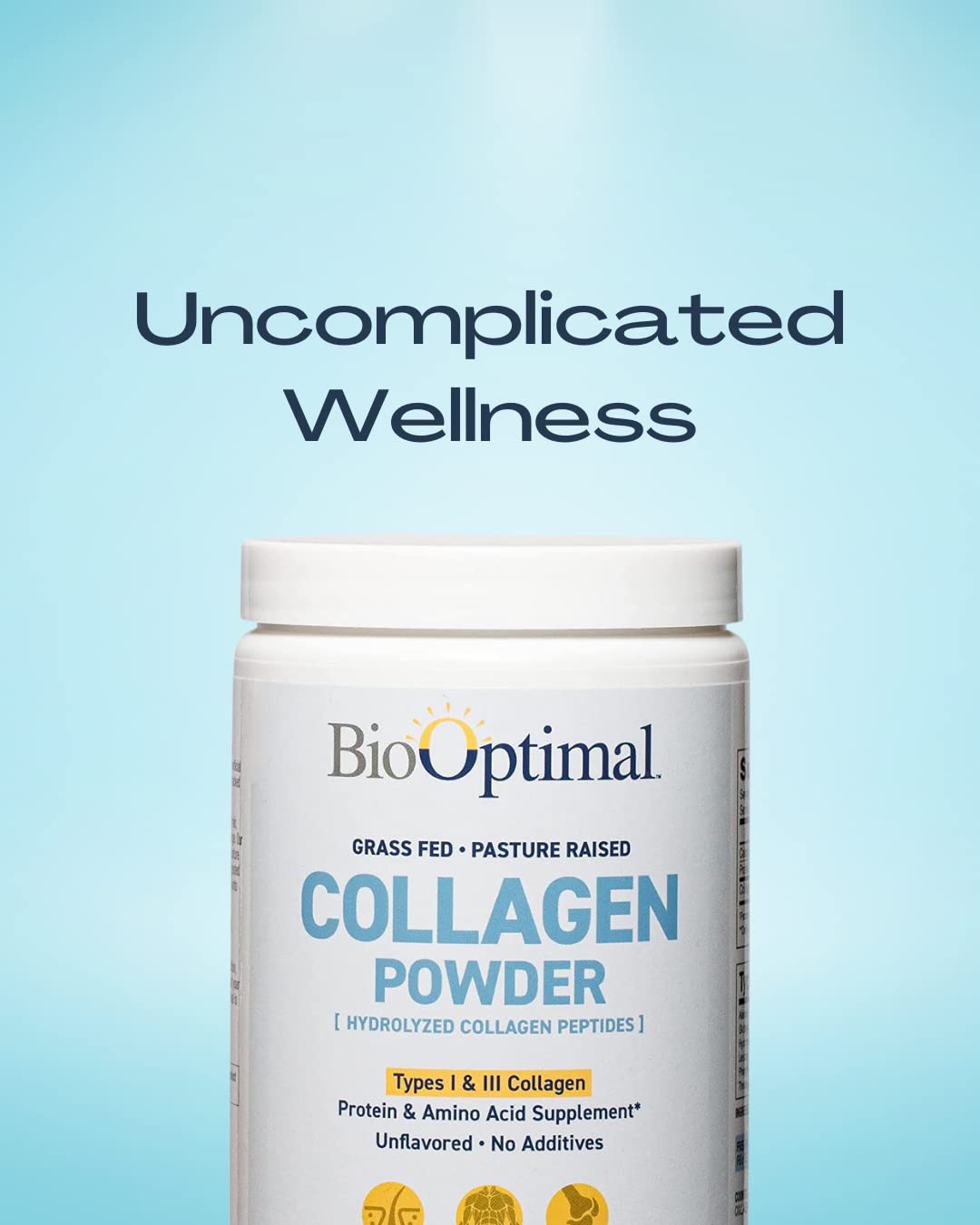 BioOptimal Collagen Peptides powder scoop showing easy daily serving for smoothies.