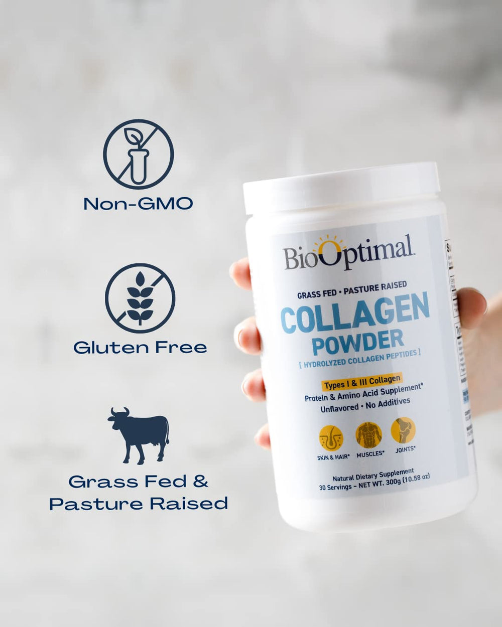 BioOptimal Collagen Peptides powder showing benefits for skin, hair and nails in daily use.