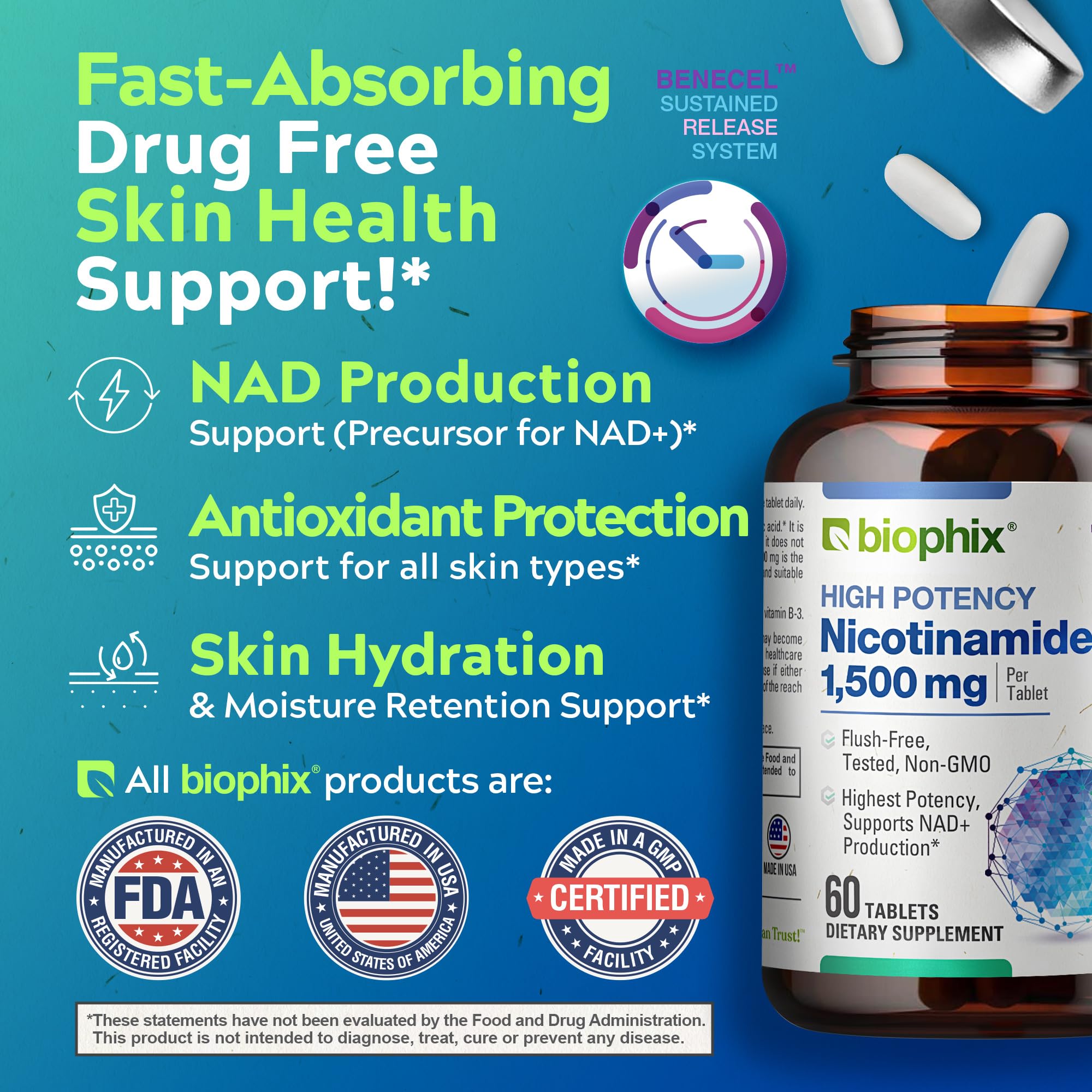 Biophix B-3 Nicotinamide dosage scoop beside tablets